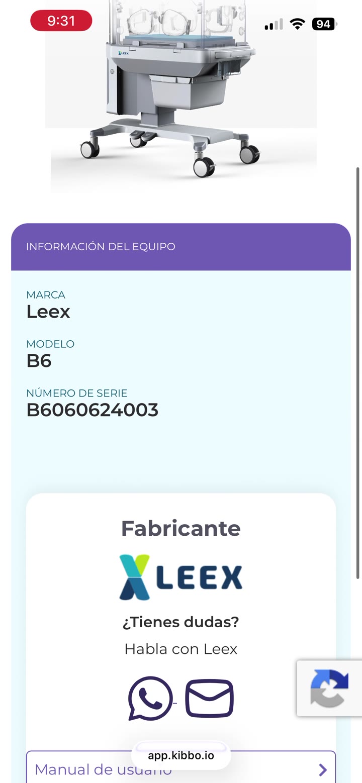 KIBBO en el teléfono: la ficha de un equipo abierta desde el escaneo de su código QR, con su historial y su próximo preventivo.