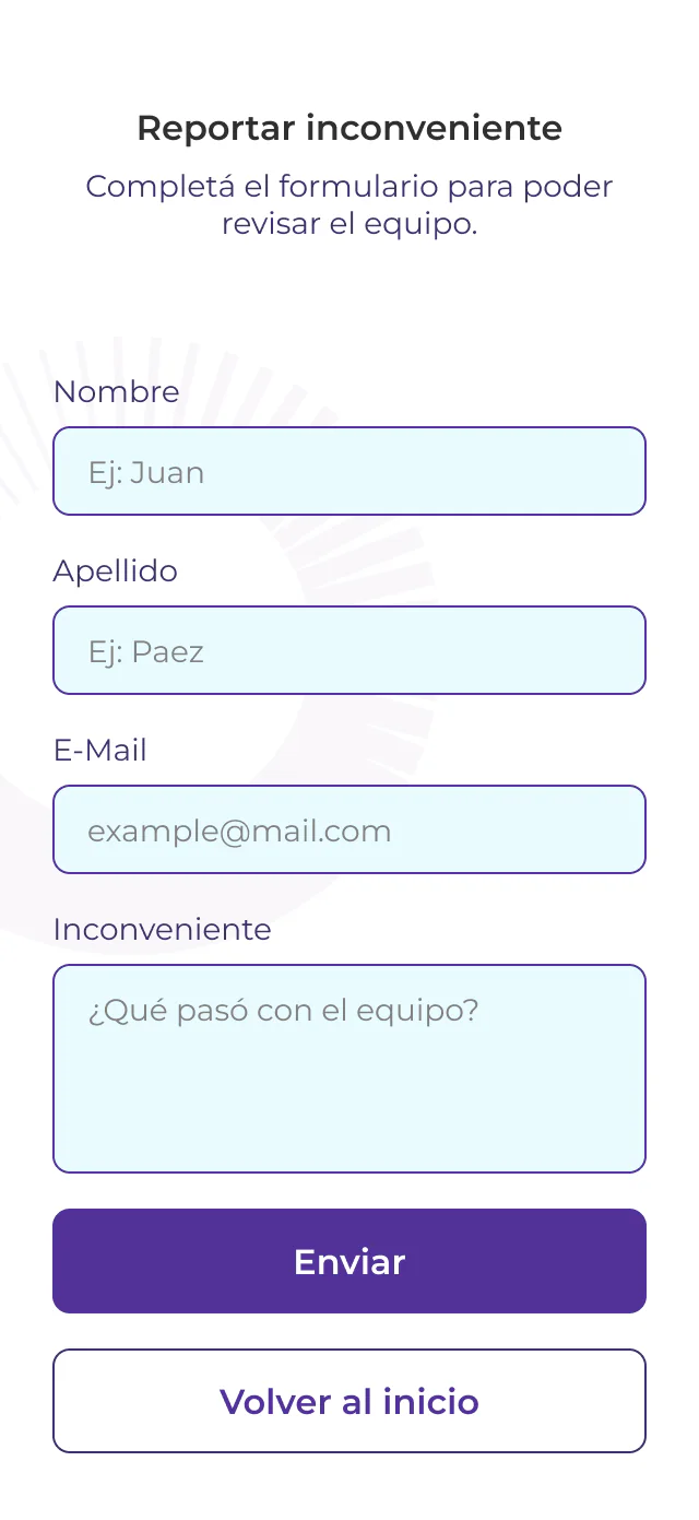 Pantalla de KIBBO en el celular: formulario para reportar un inconveniente con un equipo.